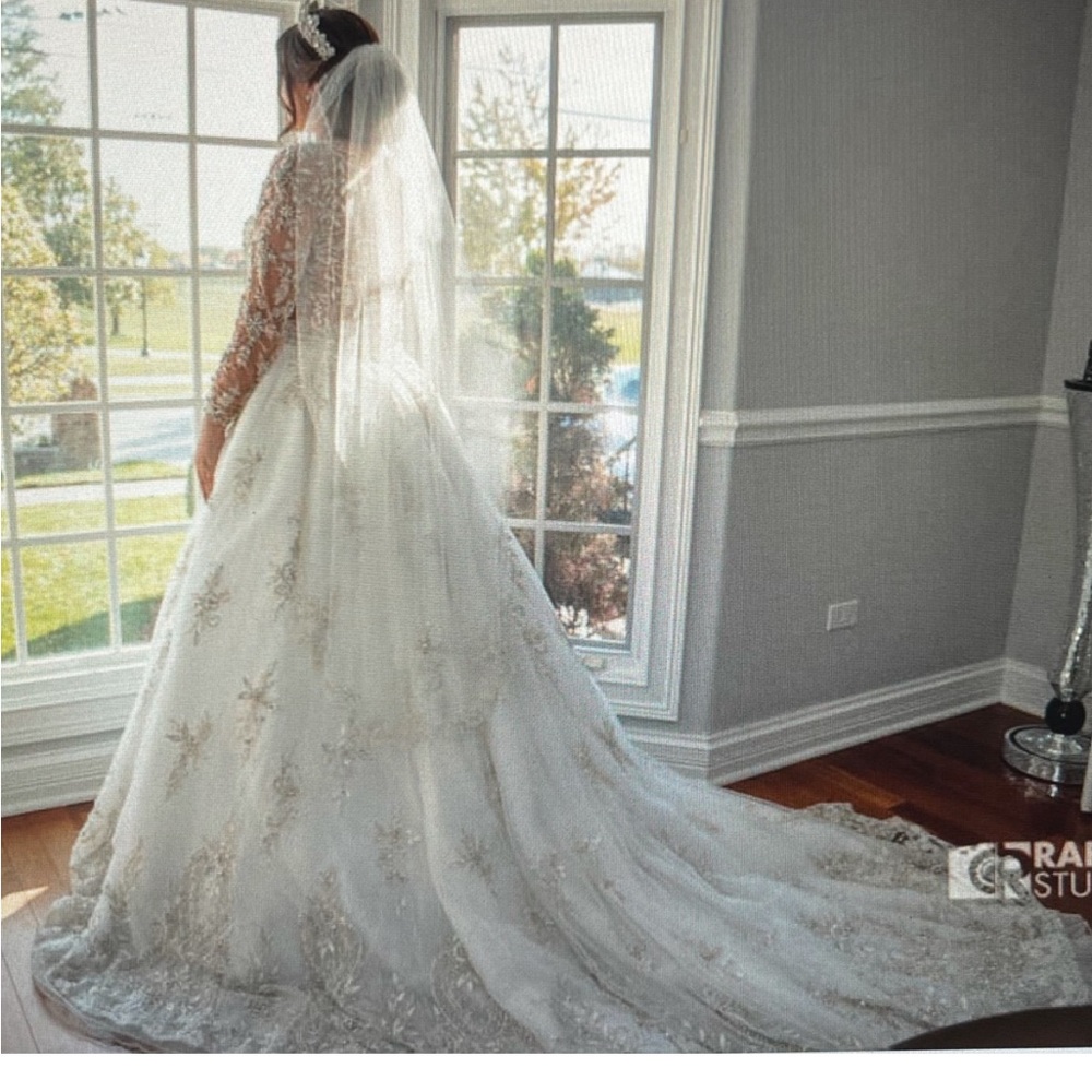 Stephen yeaRick one of a kind wedding gown with over skirt and veil